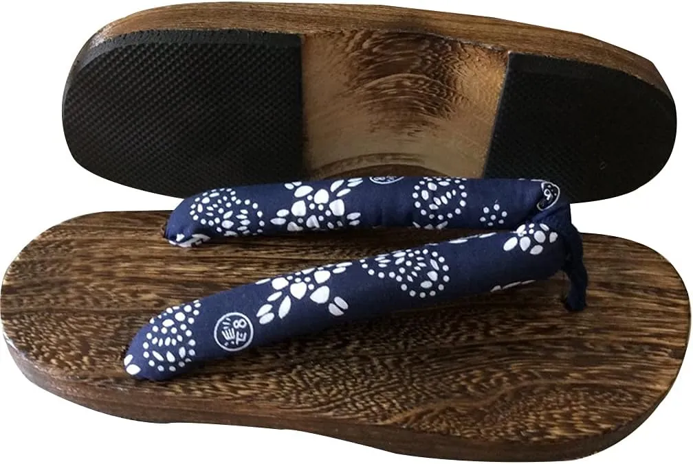 Japanese Traditional Wooden Sandals Slippers with Anti-Slip Soles, Women's Japanese Style Wood Clog ShoesFloral Mules Slippers Wooden, Role Playing and Stage Performance Clogs Blue