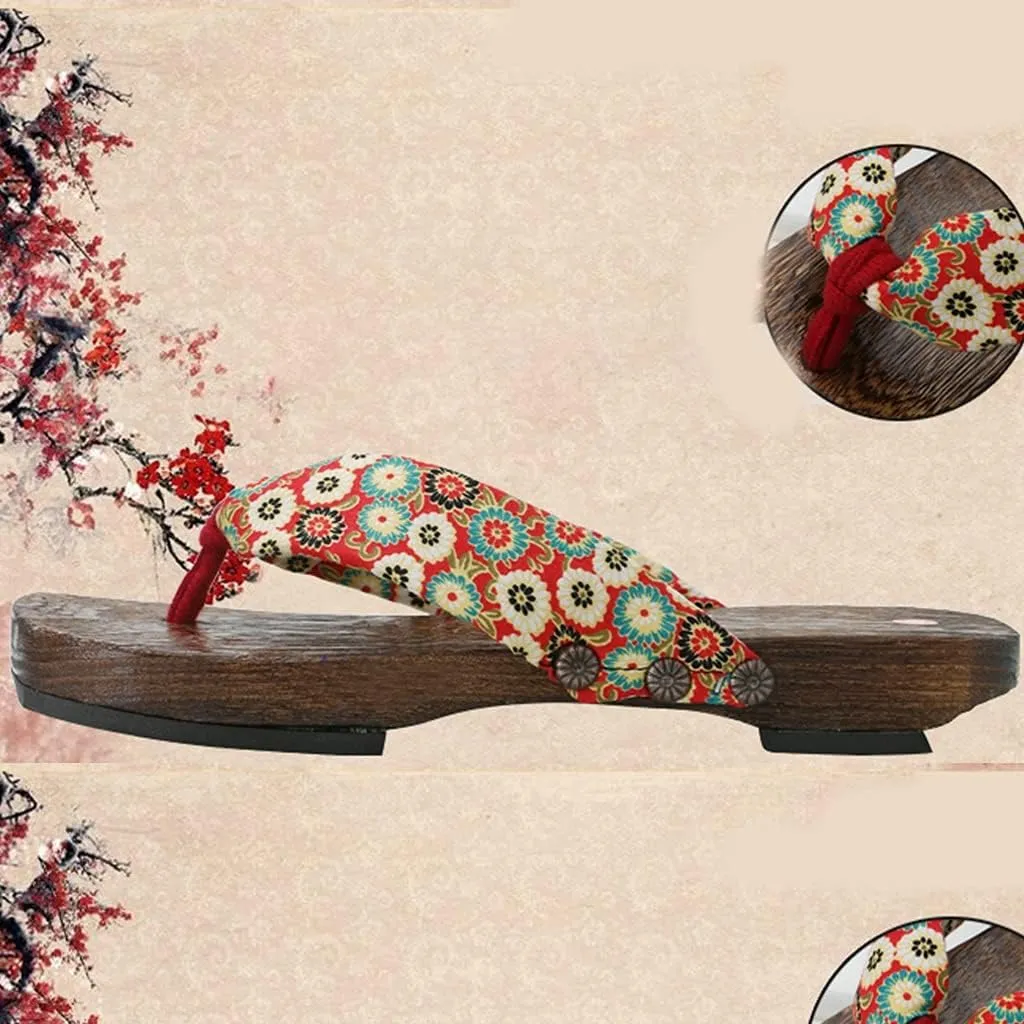 Japanese Wooden Clogs Womans Sandals with Anti-slip Soles, Women's Japanese Style Wood Clog Flip Flops Shoes Anti-Skid Floral Mules Slippers Wooden Get,Cosplay Shoes Geta Slippers Japanese