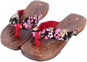 Japanese Wooden Clogs Womans Sandals with Anti-slip Soles, Women's Japanese Style Wood Clog Flip Flops Shoes Anti-Skid Floral Mules Slippers Wooden Get,Cosplay Shoes Geta Slippers Japanese