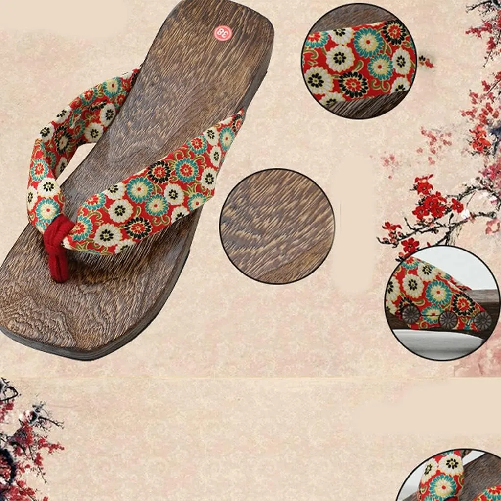 Japanese Wooden Clogs Womans Sandals with Anti-slip Soles, Women's Japanese Style Wood Clog Flip Flops Shoes Anti-Skid Floral Mules Slippers Wooden Get,Cosplay Shoes Geta Slippers Japanese