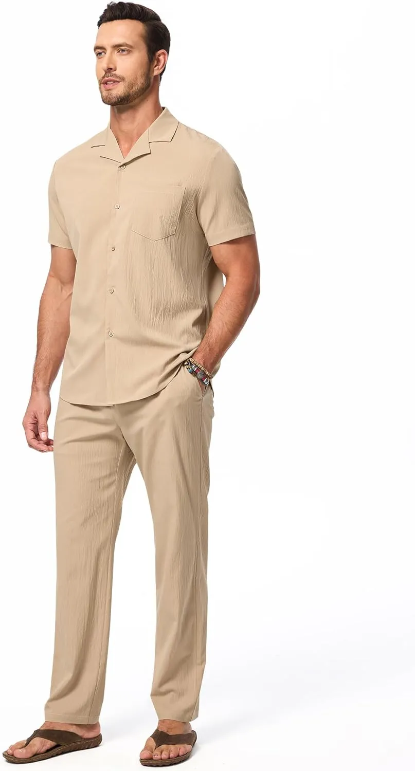 JMIERR Men 2 Piece Beach Vacation Outfit Pants Set Summer Cool Short Sleeve Casual Shirts