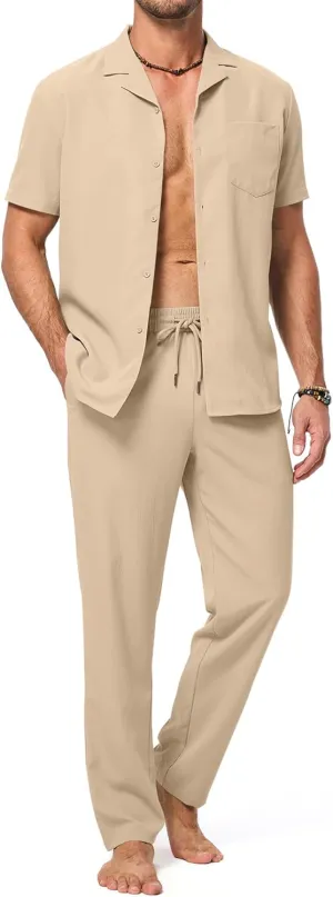 JMIERR Men 2 Piece Beach Vacation Outfit Pants Set Summer Cool Short Sleeve Casual Shirts