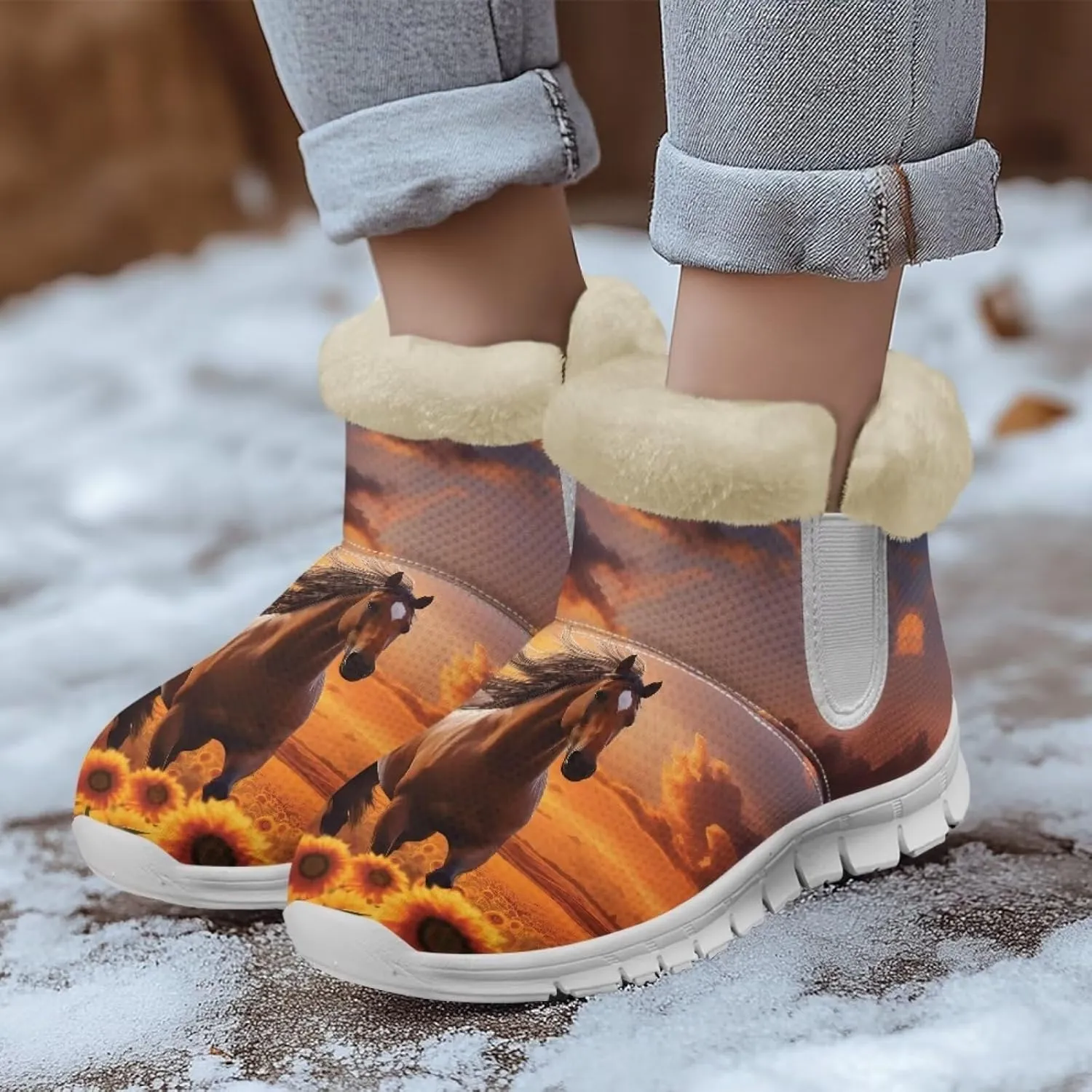 JoyLamoria Funny Santa Claus Reindeer Print Snow Boots for Women Christmas Blue Snowflake Fuzzy Boots Walking Sneakers Boots Warm Lined Boots Anti Slip for Outdoor