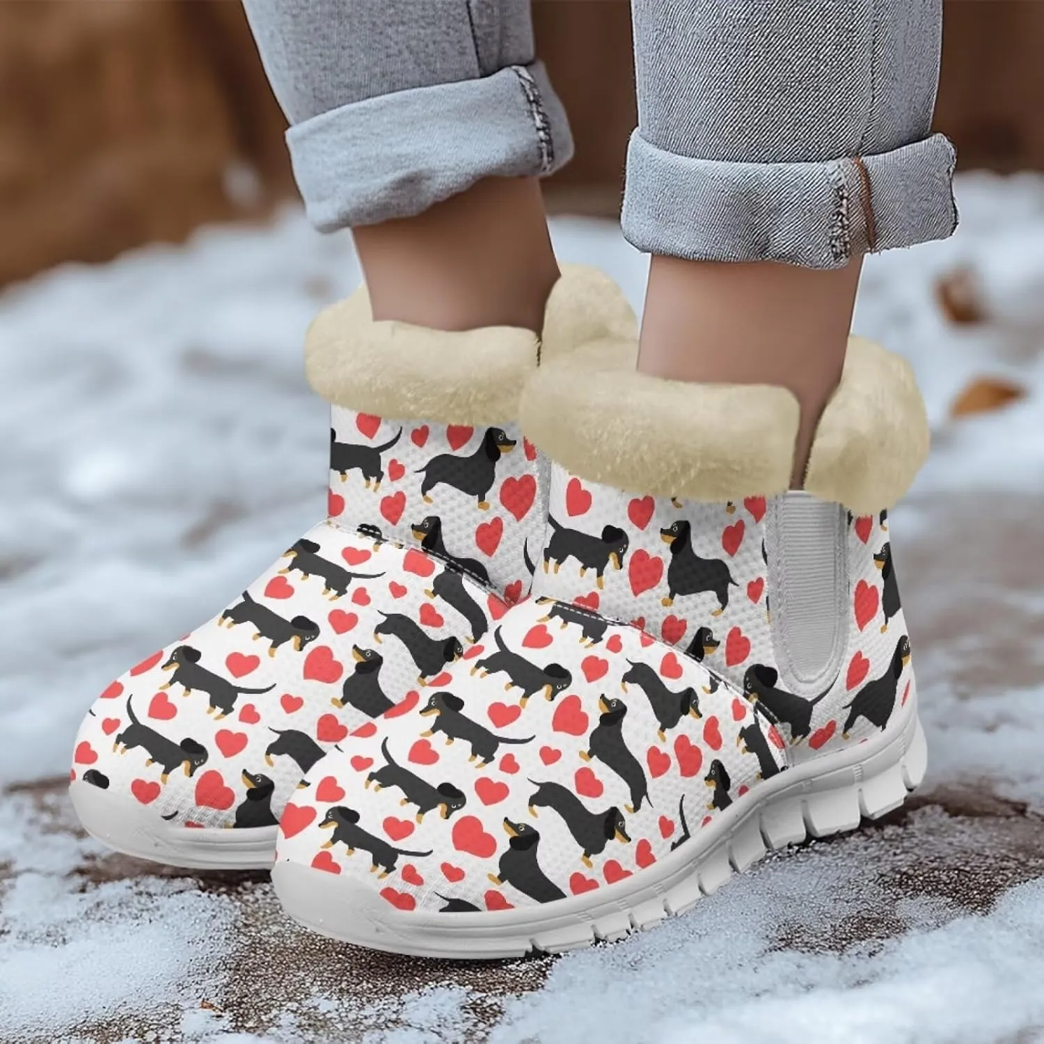 JoyLamoria Funny Santa Claus Reindeer Print Snow Boots for Women Christmas Blue Snowflake Fuzzy Boots Walking Sneakers Boots Warm Lined Boots Anti Slip for Outdoor