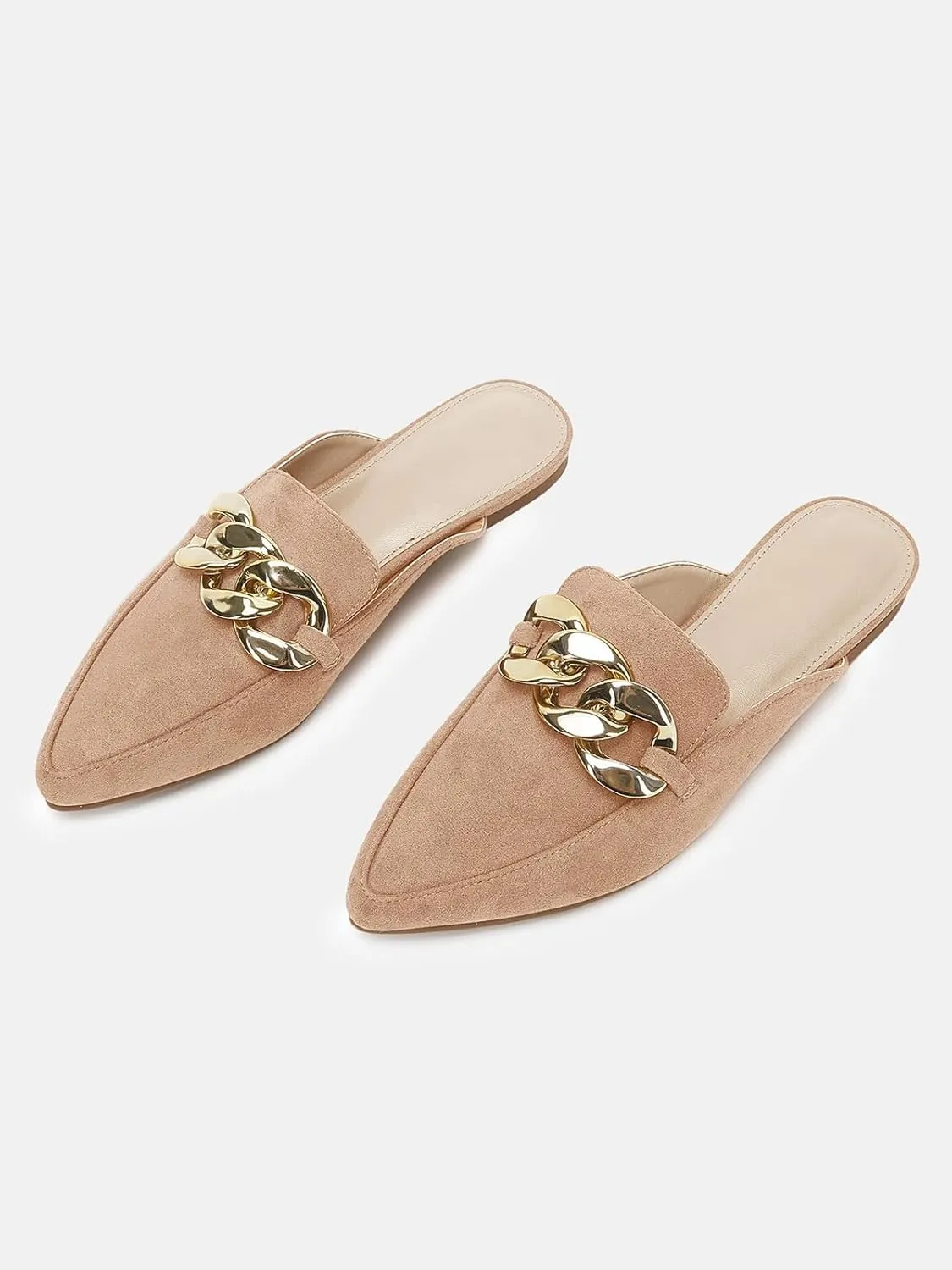 Juliet Holy Womens Mules Flats Pointed Toe Backless Loafers Slip on Metal Chain Slides