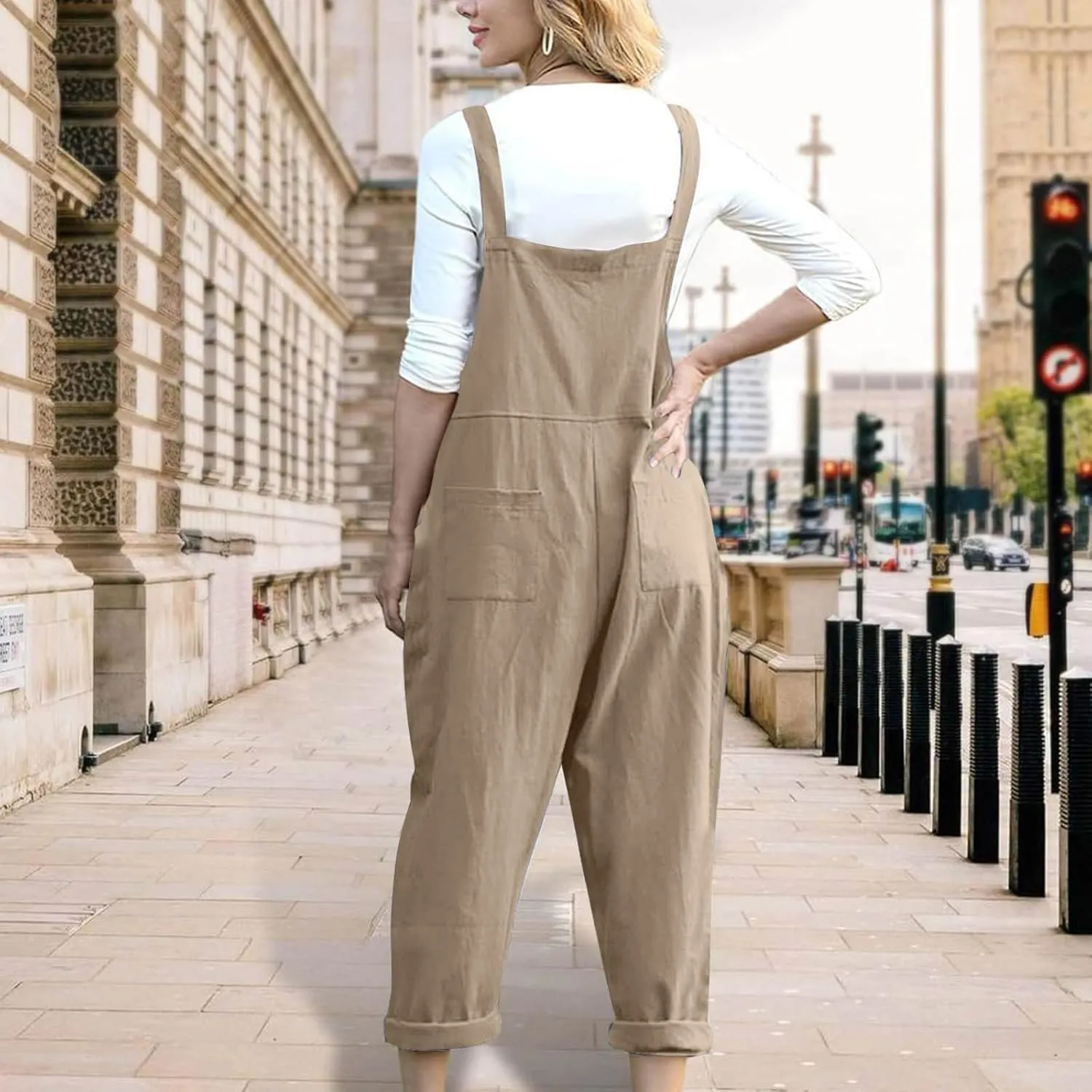 Jumpsuits for Women Casual Cotton Linen Sleeveless Rompers Summer Pocket Suspender Jumpsuit Strap Pants
