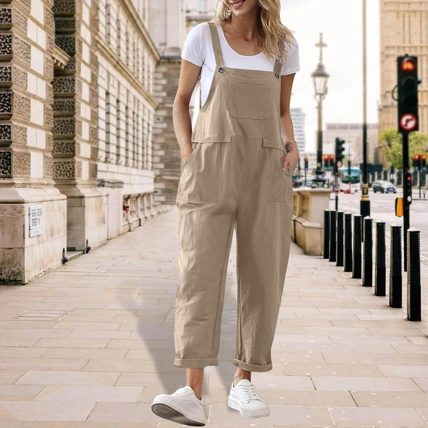 Jumpsuits for Women Casual Cotton Linen Sleeveless Rompers Summer Pocket Suspender Jumpsuit Strap Pants