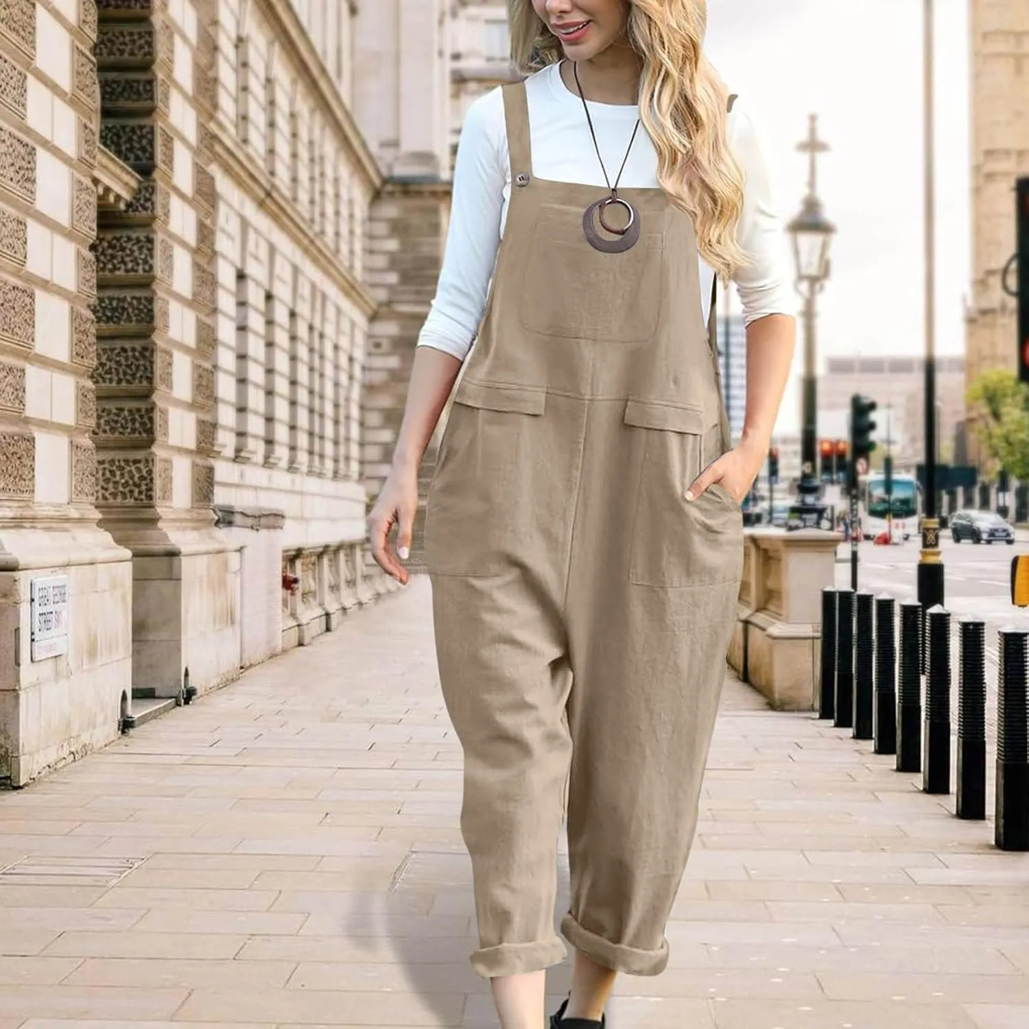 Jumpsuits for Women Casual Cotton Linen Sleeveless Rompers Summer Pocket Suspender Jumpsuit Strap Pants