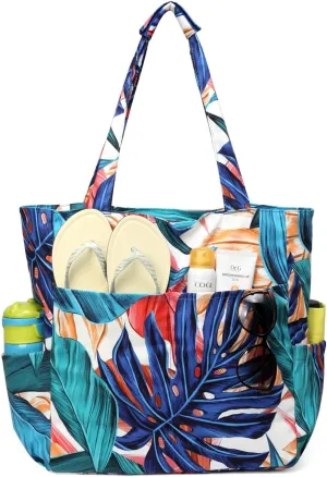 Kasqo Beach Tote Bags for Women, Waterproof Sandproof Large Pool Bag Stylish Zipper Beach Tote for Gym Travel Shopping School