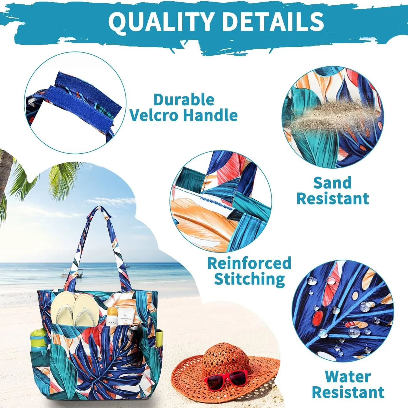 Kasqo Beach Tote Bags for Women, Waterproof Sandproof Large Pool Bag Stylish Zipper Beach Tote for Gym Travel Shopping School