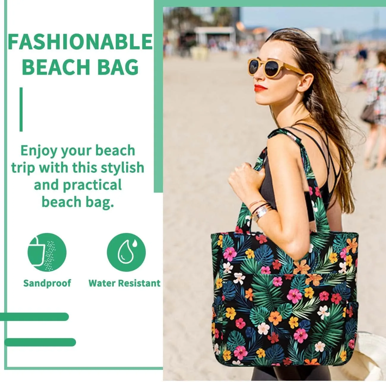 Kasqo Beach Tote Bags for Women, Waterproof Sandproof Large Pool Bag Stylish Zipper Beach Tote for Gym Travel Shopping School