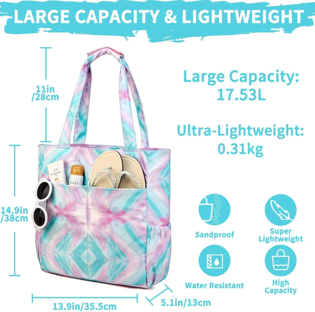Kasqo Beach Tote Bags for Women, Waterproof Sandproof Large Pool Bag Stylish Zipper Beach Tote for Gym Travel Shopping School
