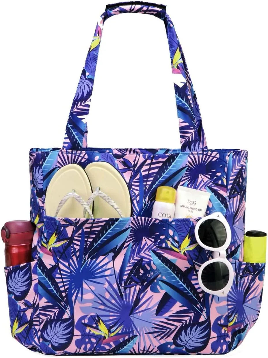 Kasqo Beach Tote Bags for Women, Waterproof Sandproof Large Pool Bag Stylish Zipper Beach Tote for Gym Travel Shopping School