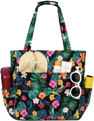 Kasqo Beach Tote Bags for Women, Waterproof Sandproof Large Pool Bag Stylish Zipper Beach Tote for Gym Travel Shopping School