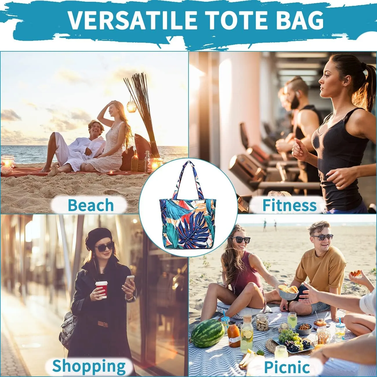 Kasqo Beach Tote Bags for Women, Waterproof Sandproof Large Pool Bag Stylish Zipper Beach Tote for Gym Travel Shopping School