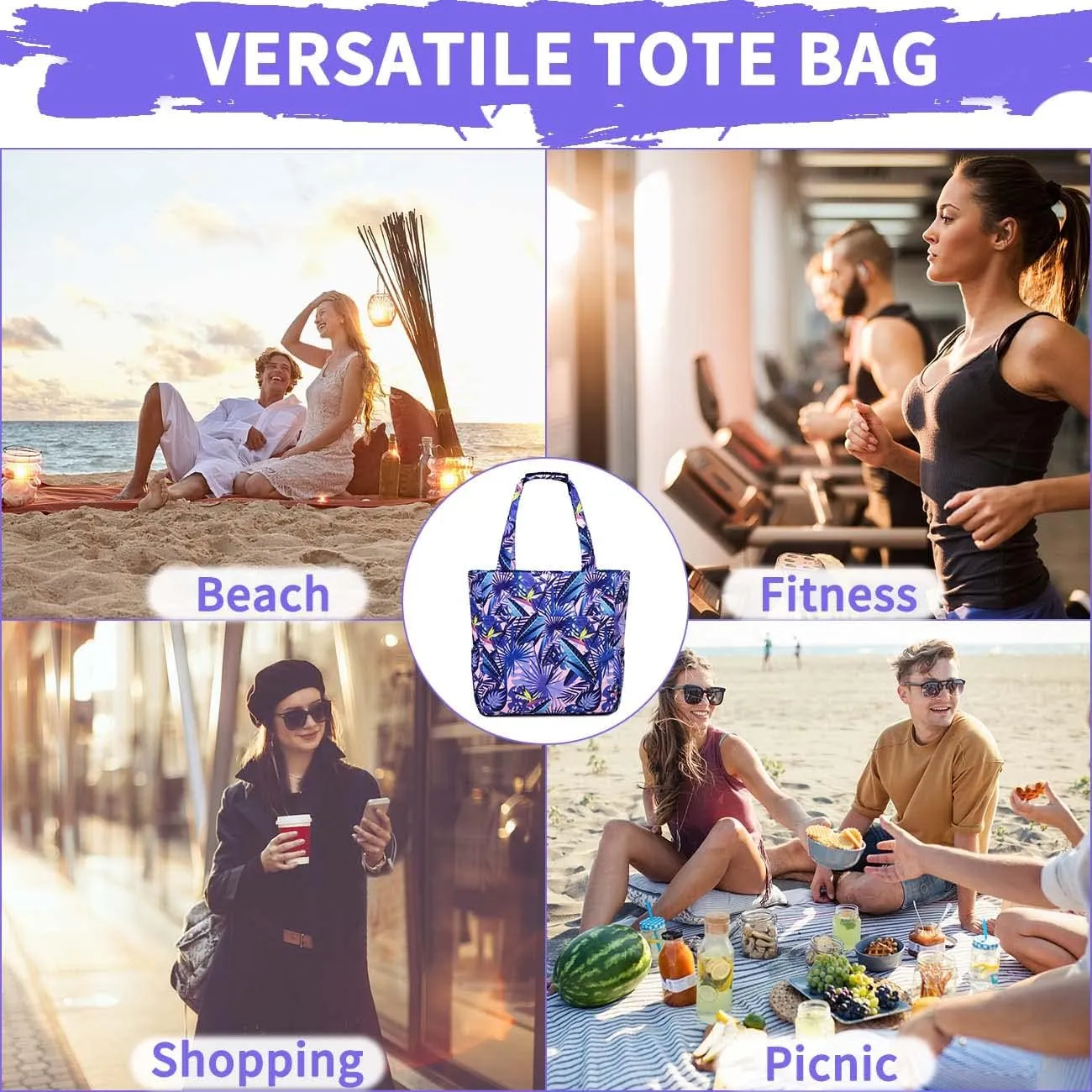 Kasqo Beach Tote Bags for Women, Waterproof Sandproof Large Pool Bag Stylish Zipper Beach Tote for Gym Travel Shopping School