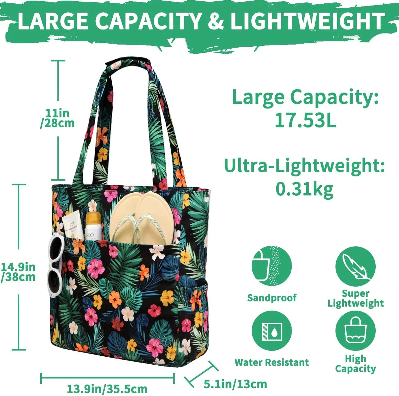 Kasqo Beach Tote Bags for Women, Waterproof Sandproof Large Pool Bag Stylish Zipper Beach Tote for Gym Travel Shopping School