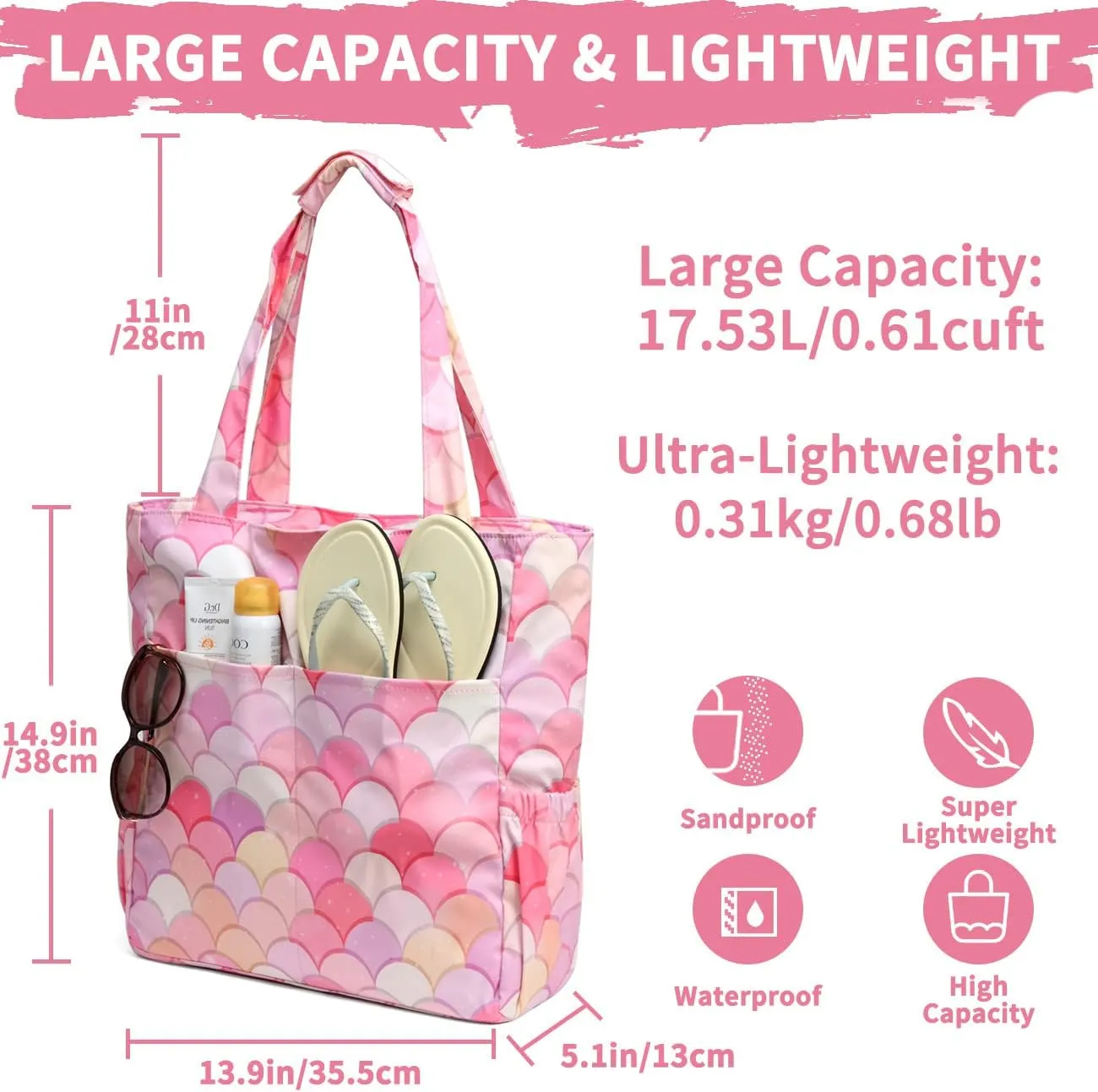 Kasqo Beach Tote Bags for Women, Waterproof Sandproof Large Pool Bag Stylish Zipper Beach Tote for Gym Travel Shopping School