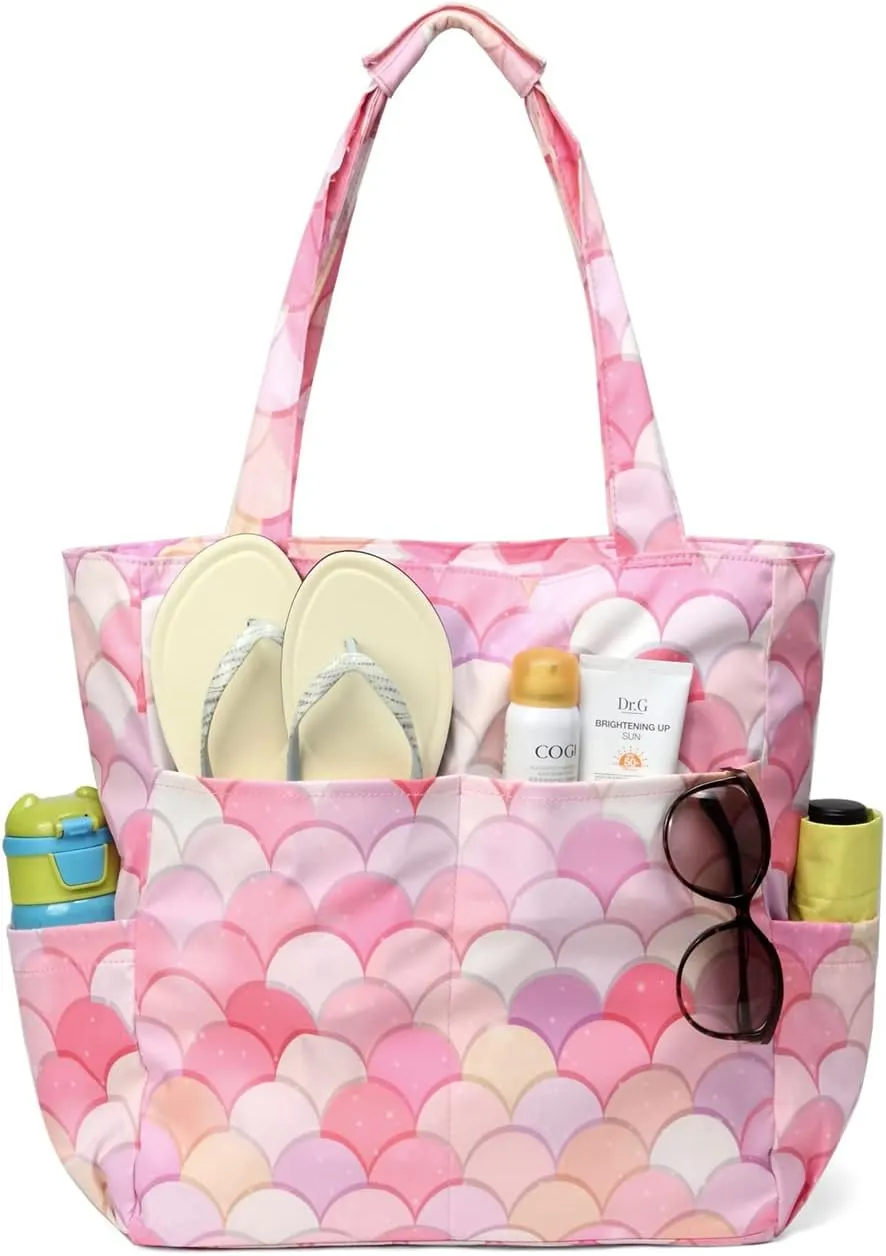 Kasqo Beach Tote Bags for Women, Waterproof Sandproof Large Pool Bag Stylish Zipper Beach Tote for Gym Travel Shopping School