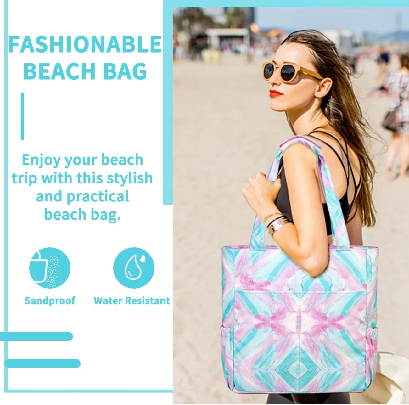 Kasqo Beach Tote Bags for Women, Waterproof Sandproof Large Pool Bag Stylish Zipper Beach Tote for Gym Travel Shopping School