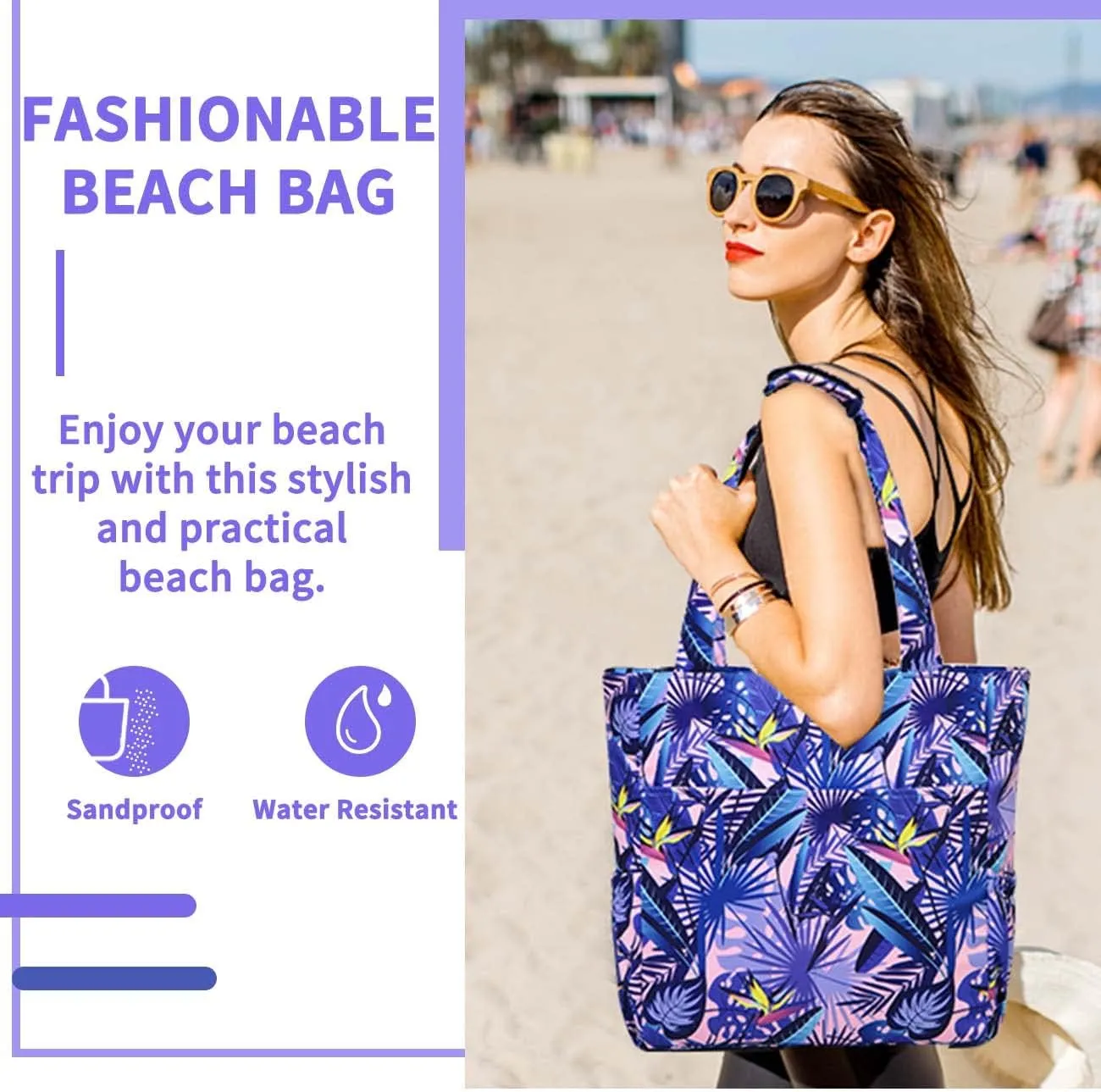 Kasqo Beach Tote Bags for Women, Waterproof Sandproof Large Pool Bag Stylish Zipper Beach Tote for Gym Travel Shopping School