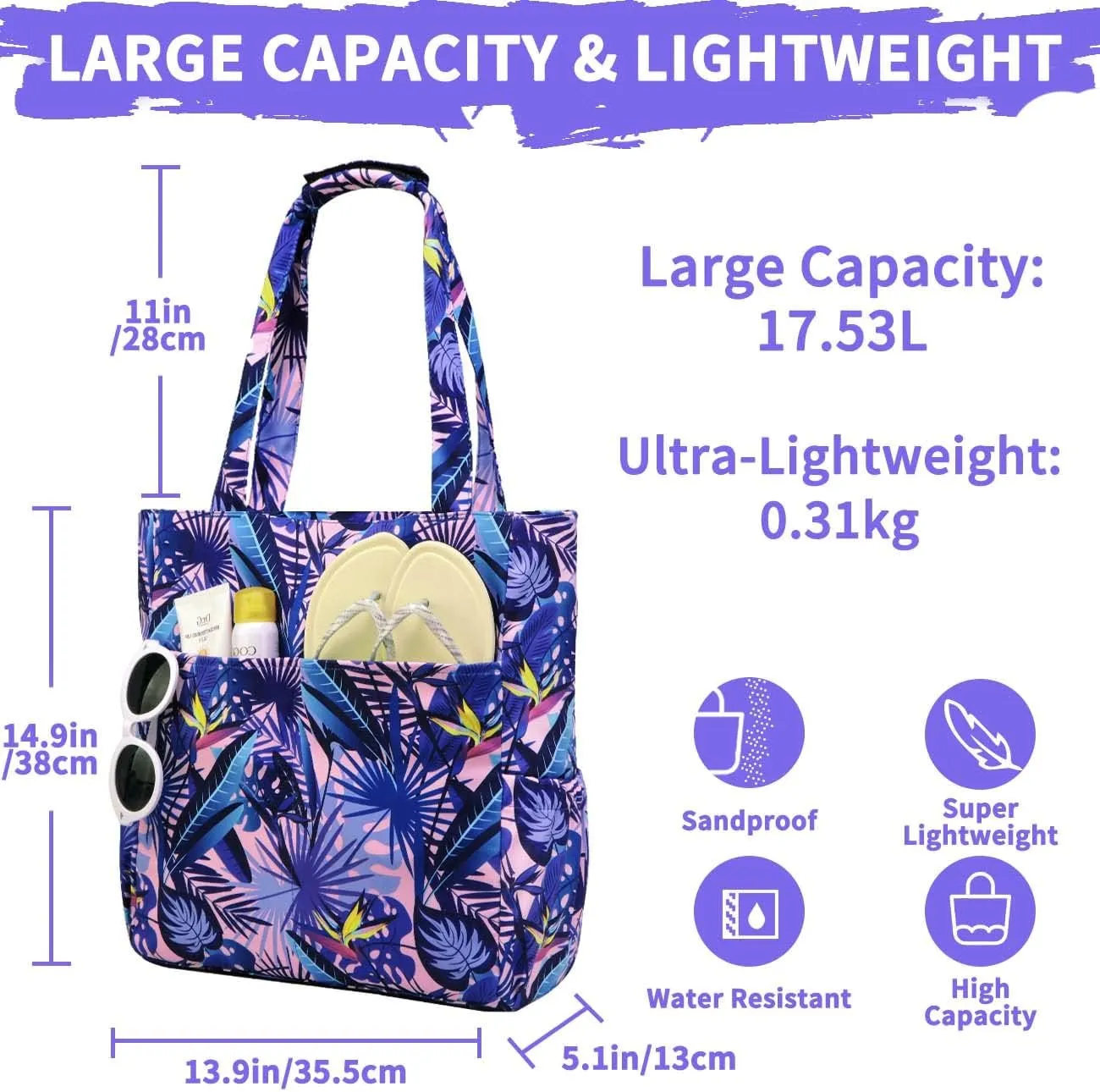 Kasqo Beach Tote Bags for Women, Waterproof Sandproof Large Pool Bag Stylish Zipper Beach Tote for Gym Travel Shopping School