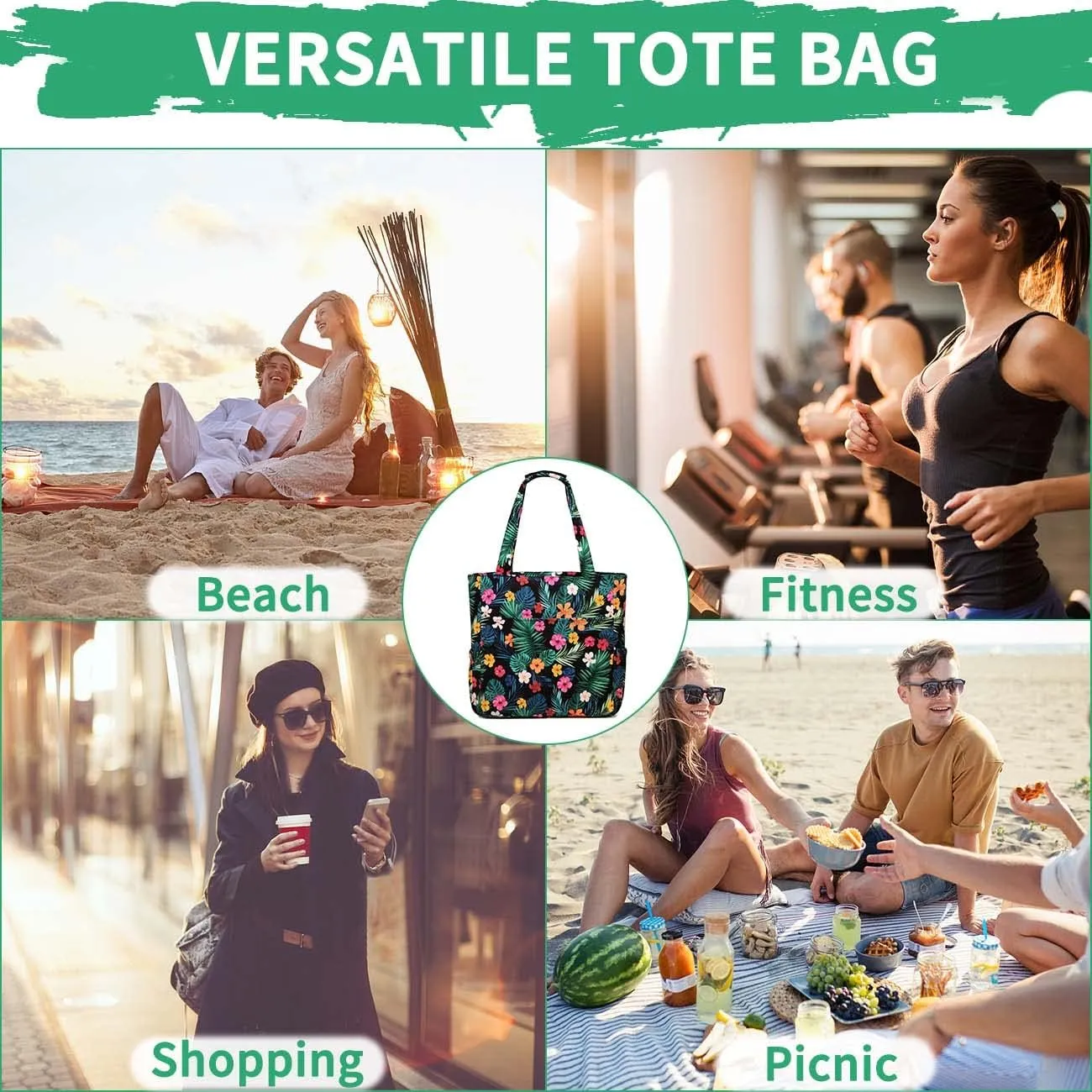 Kasqo Beach Tote Bags for Women, Waterproof Sandproof Large Pool Bag Stylish Zipper Beach Tote for Gym Travel Shopping School