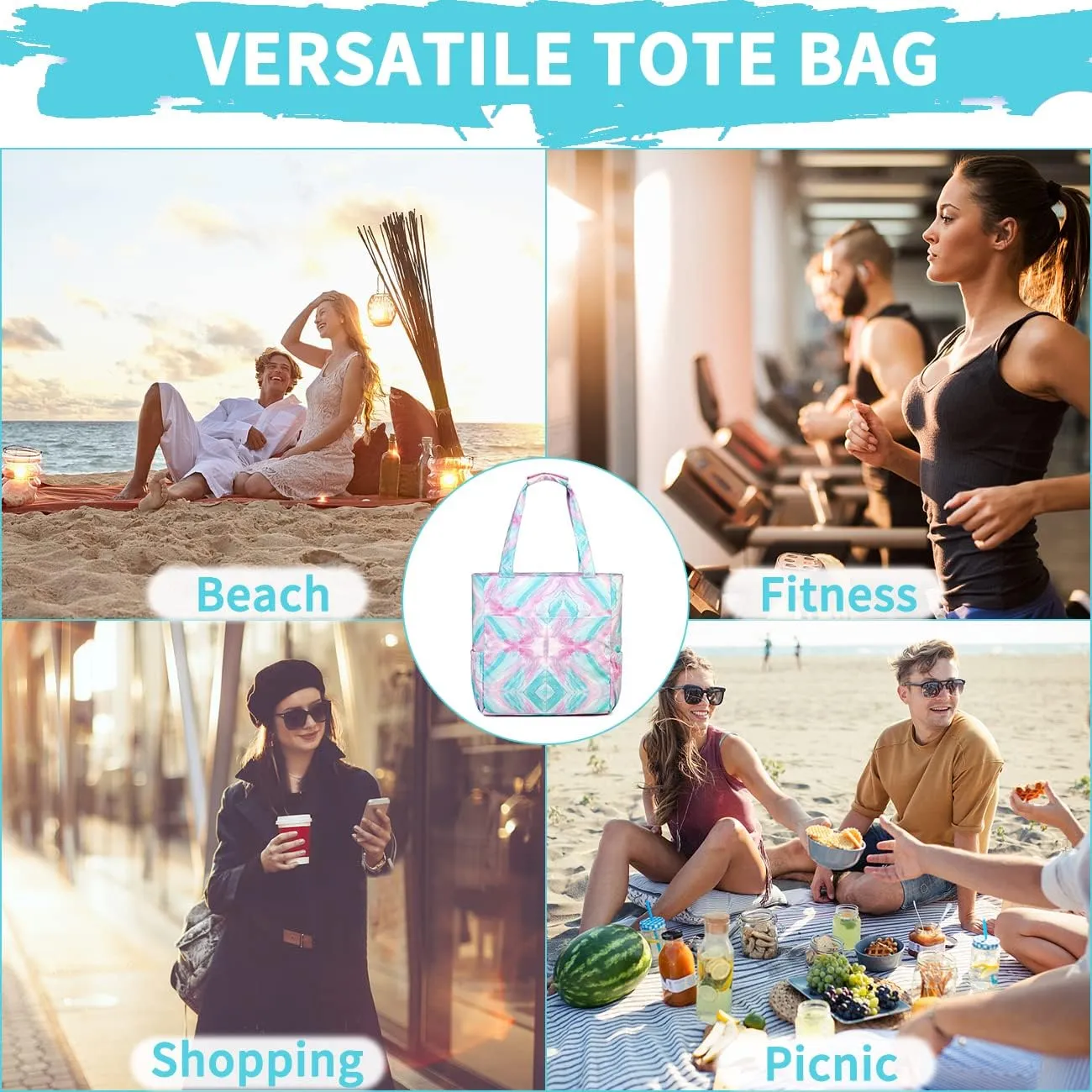 Kasqo Beach Tote Bags for Women, Waterproof Sandproof Large Pool Bag Stylish Zipper Beach Tote for Gym Travel Shopping School
