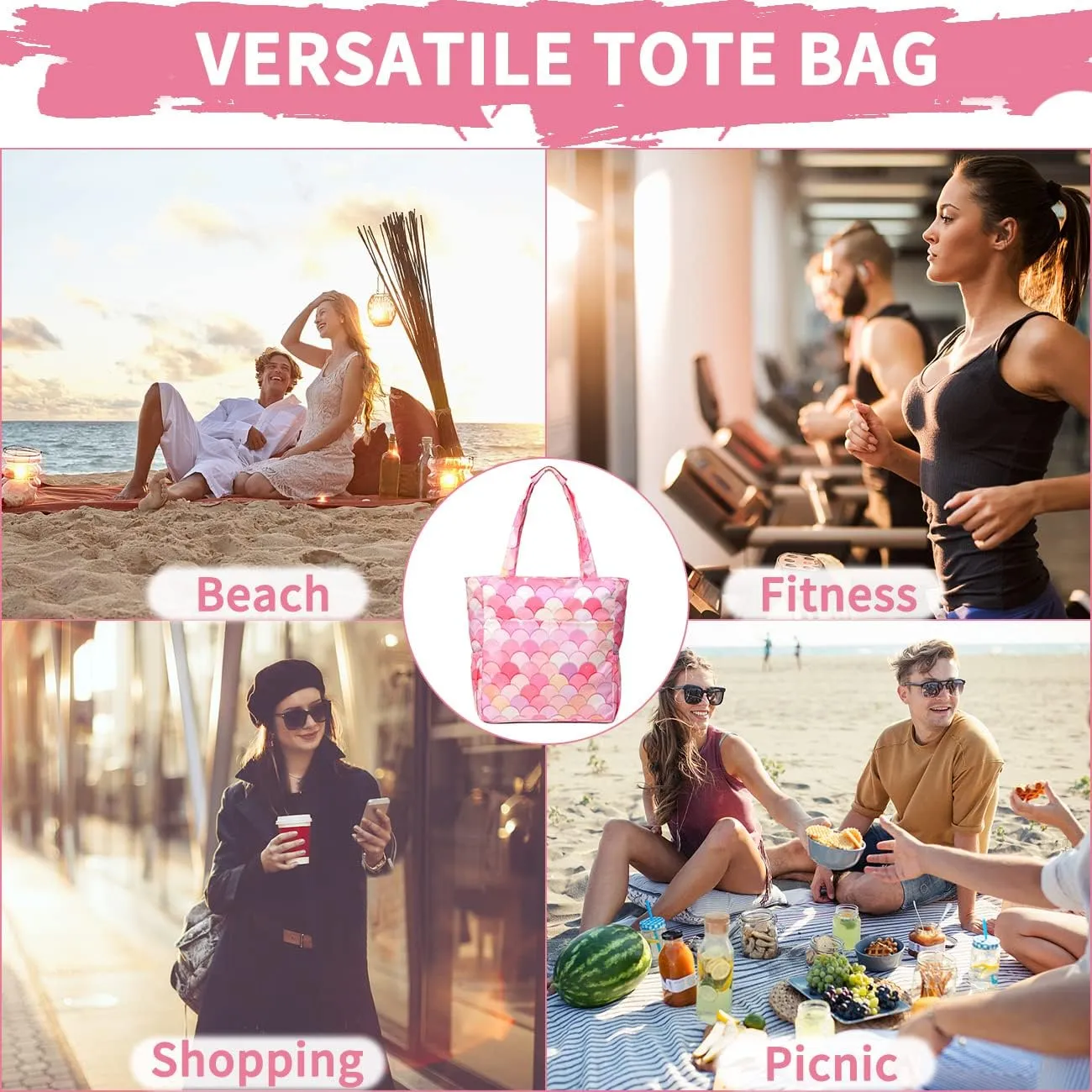 Kasqo Beach Tote Bags for Women, Waterproof Sandproof Large Pool Bag Stylish Zipper Beach Tote for Gym Travel Shopping School