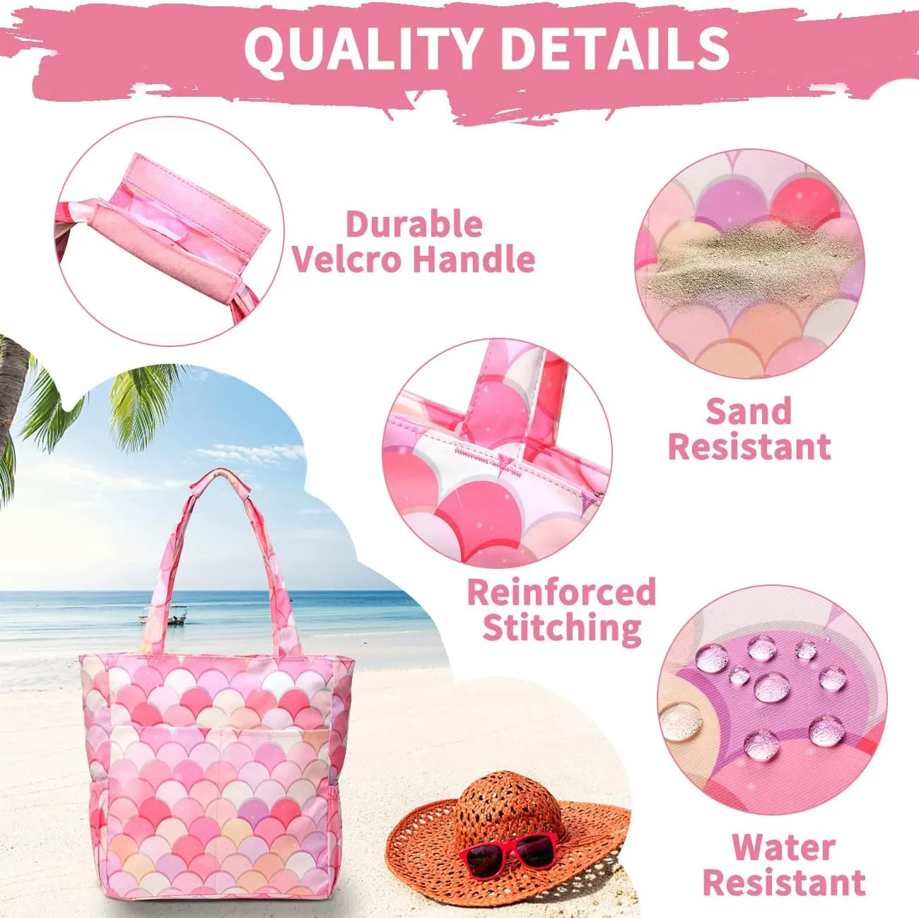 Kasqo Beach Tote Bags for Women, Waterproof Sandproof Large Pool Bag Stylish Zipper Beach Tote for Gym Travel Shopping School