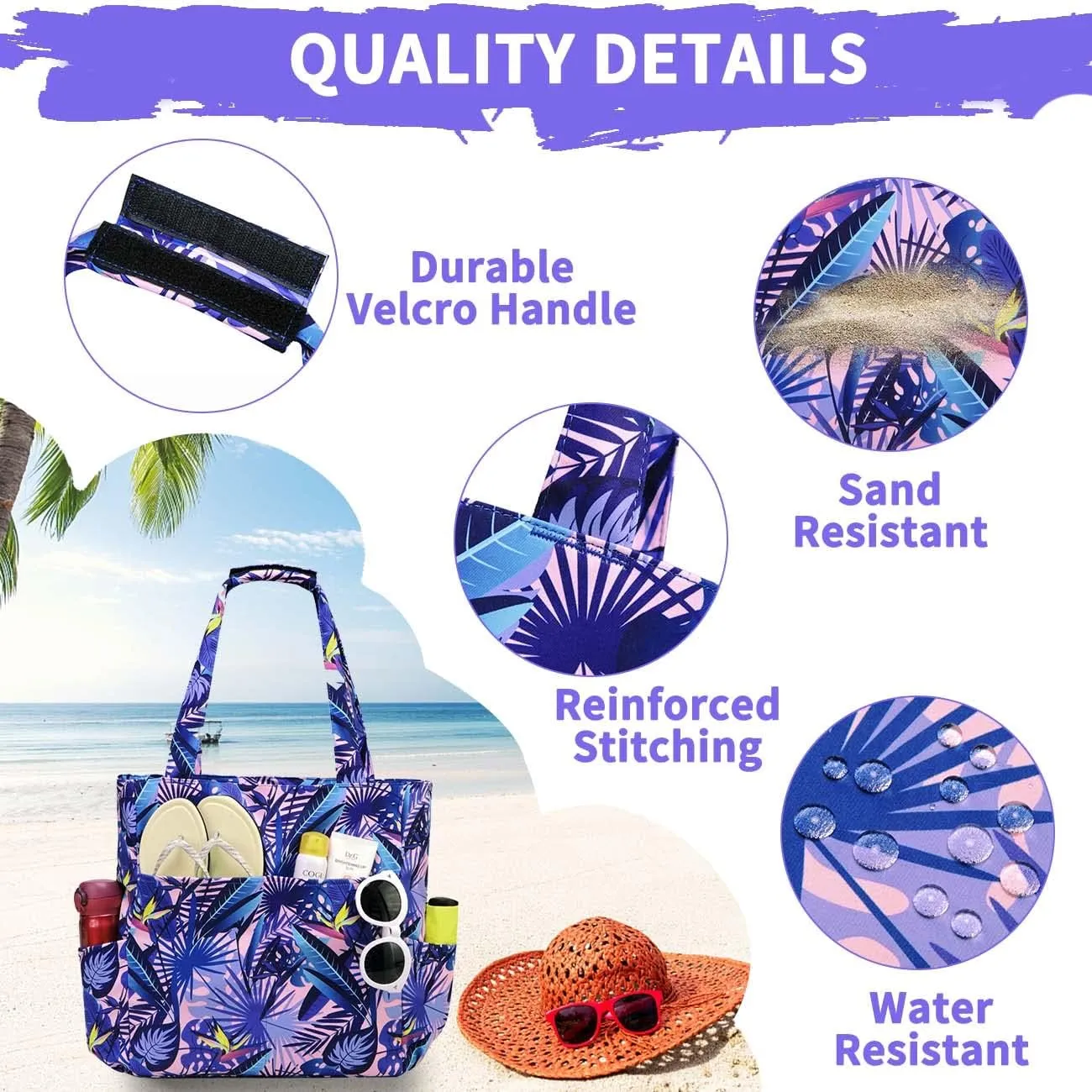 Kasqo Beach Tote Bags for Women, Waterproof Sandproof Large Pool Bag Stylish Zipper Beach Tote for Gym Travel Shopping School