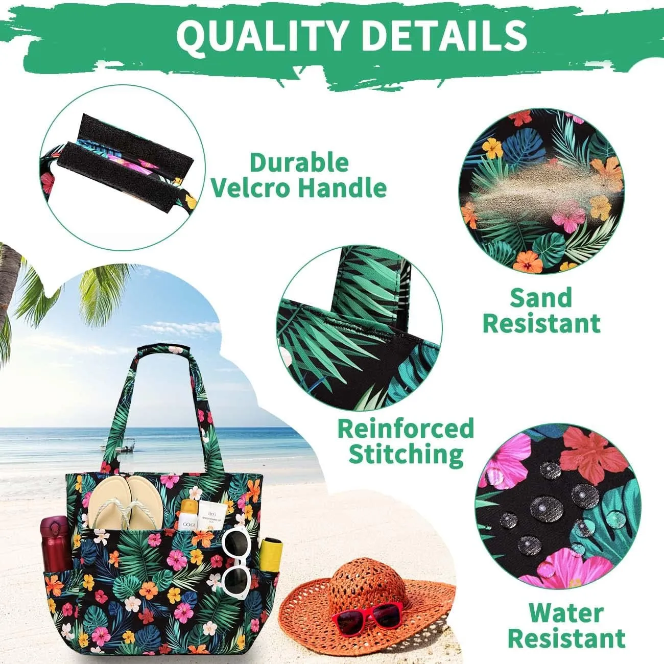 Kasqo Beach Tote Bags for Women, Waterproof Sandproof Large Pool Bag Stylish Zipper Beach Tote for Gym Travel Shopping School