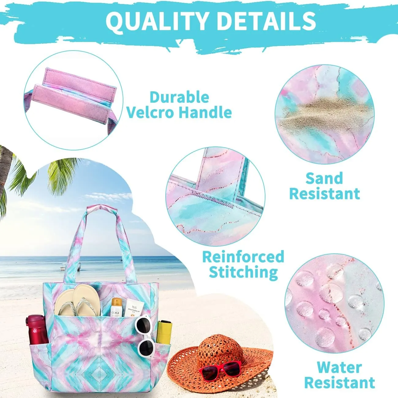 Kasqo Beach Tote Bags for Women, Waterproof Sandproof Large Pool Bag Stylish Zipper Beach Tote for Gym Travel Shopping School