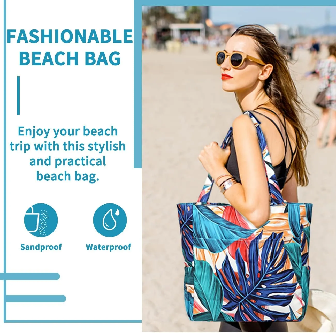 Kasqo Beach Tote Bags for Women, Waterproof Sandproof Large Pool Bag Stylish Zipper Beach Tote for Gym Travel Shopping School
