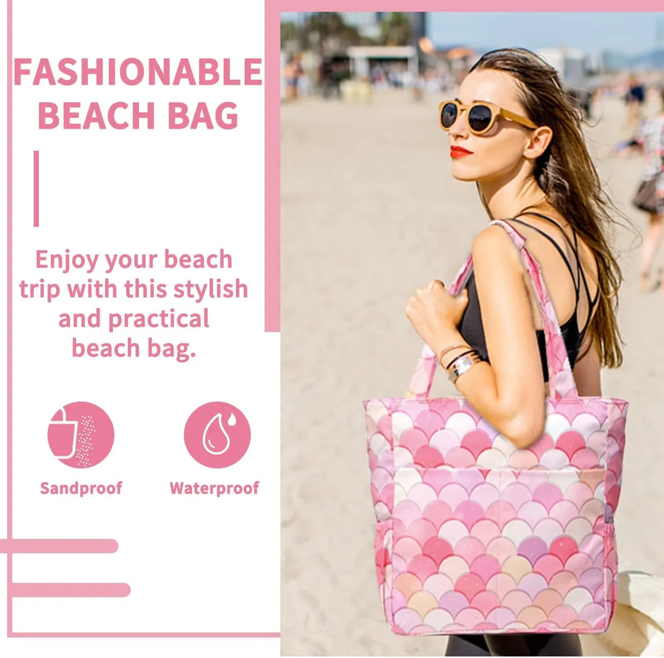 Kasqo Beach Tote Bags for Women, Waterproof Sandproof Large Pool Bag Stylish Zipper Beach Tote for Gym Travel Shopping School
