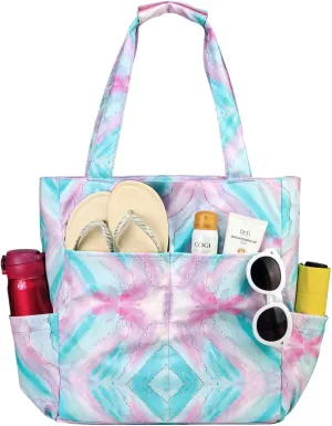 Kasqo Beach Tote Bags for Women, Waterproof Sandproof Large Pool Bag Stylish Zipper Beach Tote for Gym Travel Shopping School