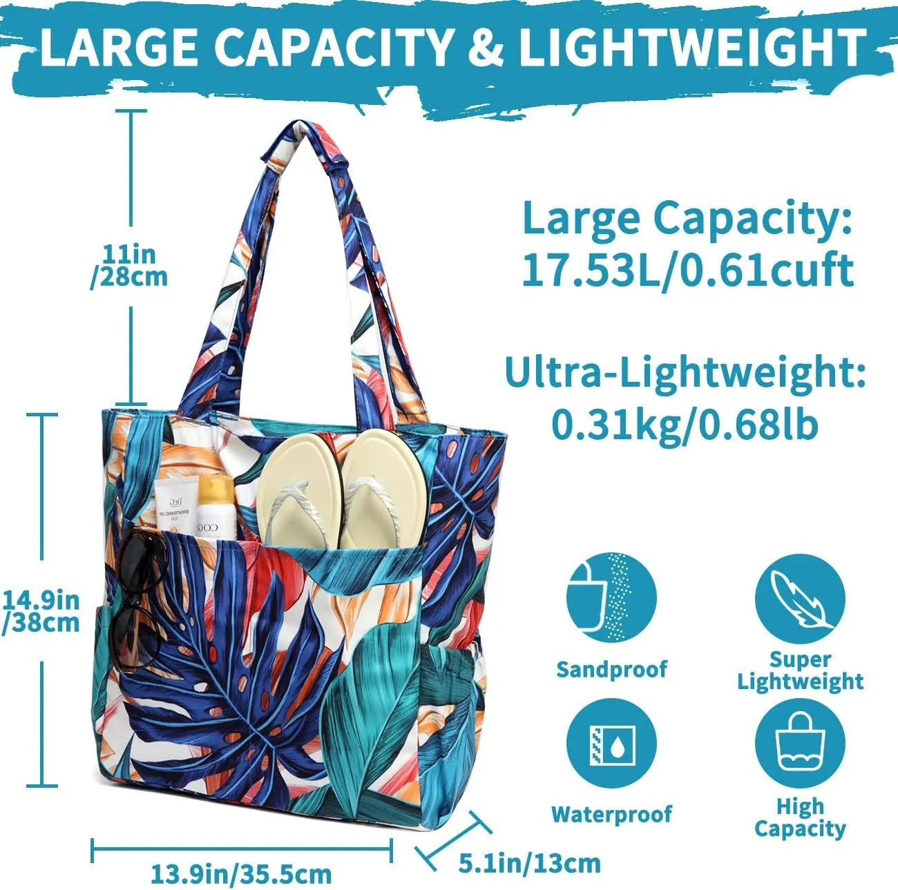 Kasqo Beach Tote Bags for Women, Waterproof Sandproof Large Pool Bag Stylish Zipper Beach Tote for Gym Travel Shopping School