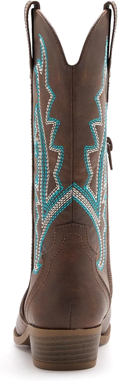 Kids Western Boots Embroidered Cowgirl Cowboy Boots Boys Girls Mid Calf Round Toe Riding Shoes Little Kid/Big Kid