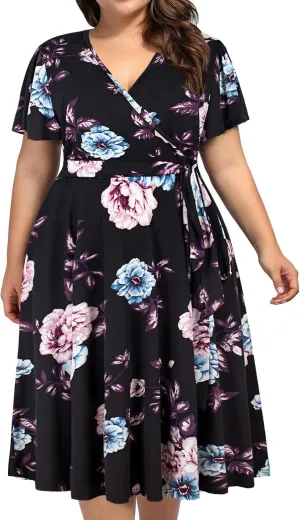 kissmay Plus Size Womens V Neck Floral Cocktail Party Midi Dresses with Pocket