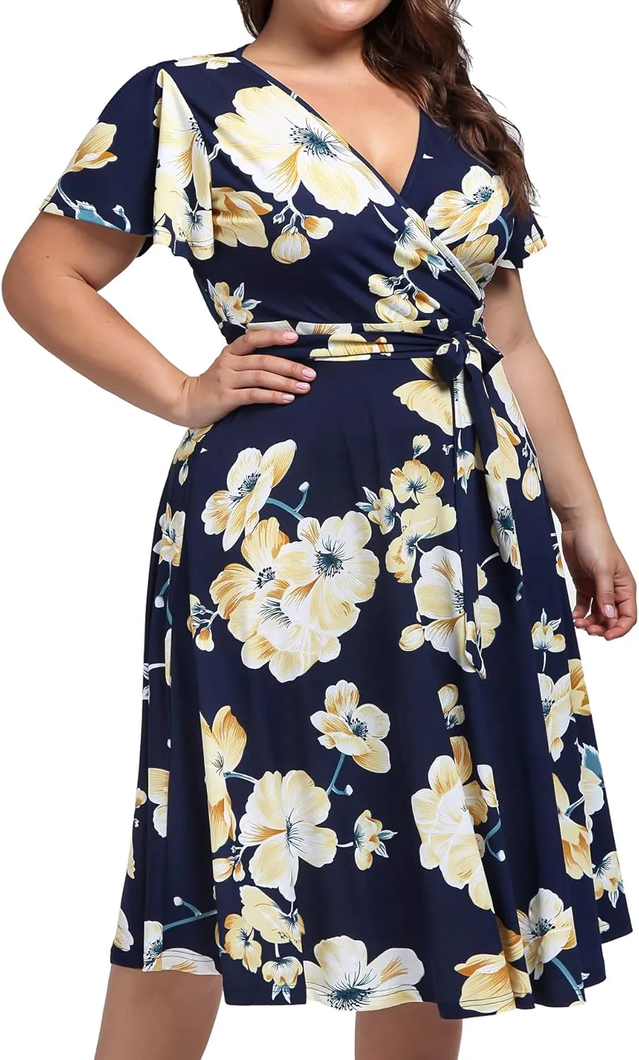 kissmay Plus Size Womens V Neck Floral Cocktail Party Midi Dresses with Pocket