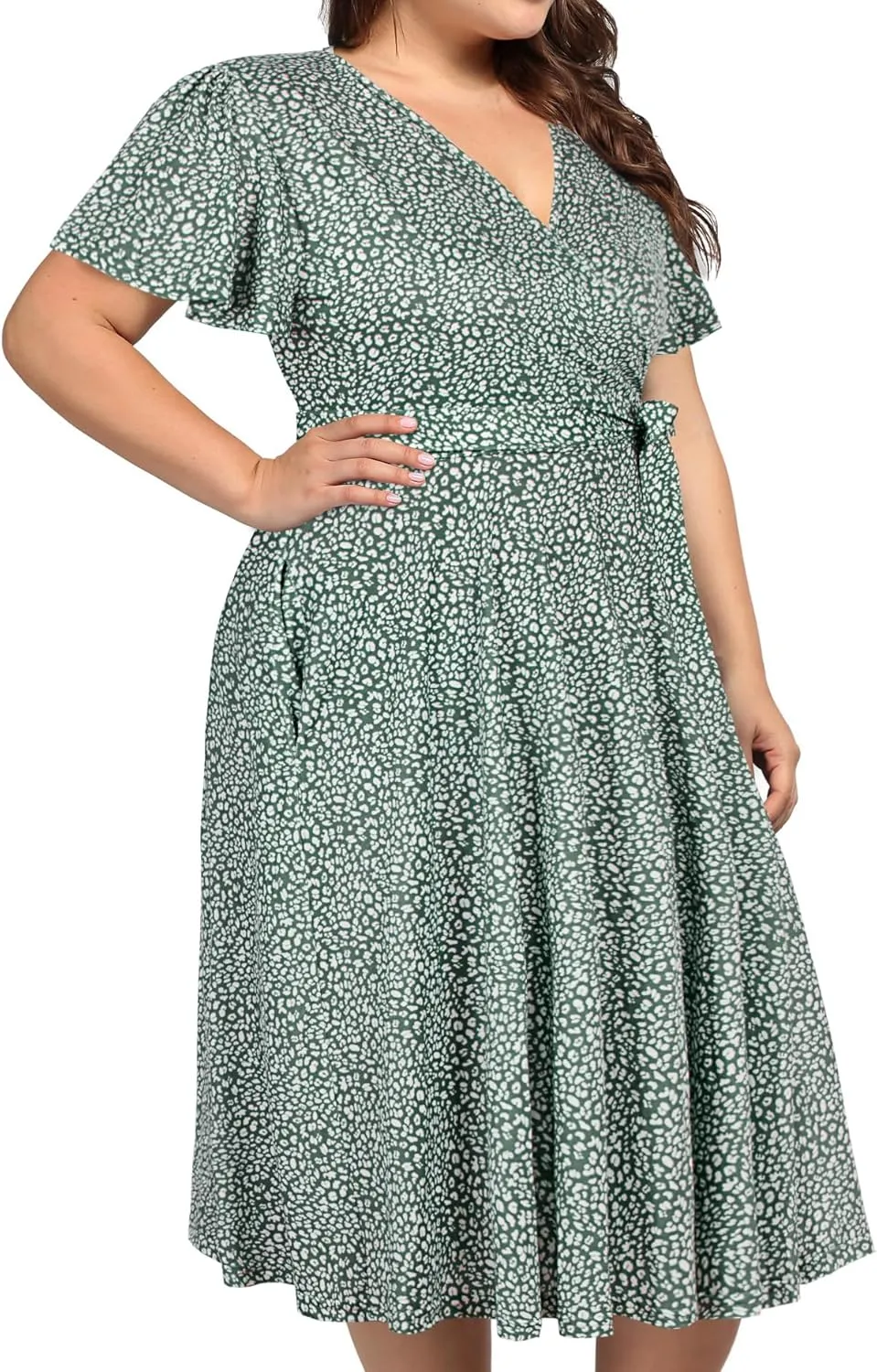 kissmay Plus Size Womens V Neck Floral Cocktail Party Midi Dresses with Pocket