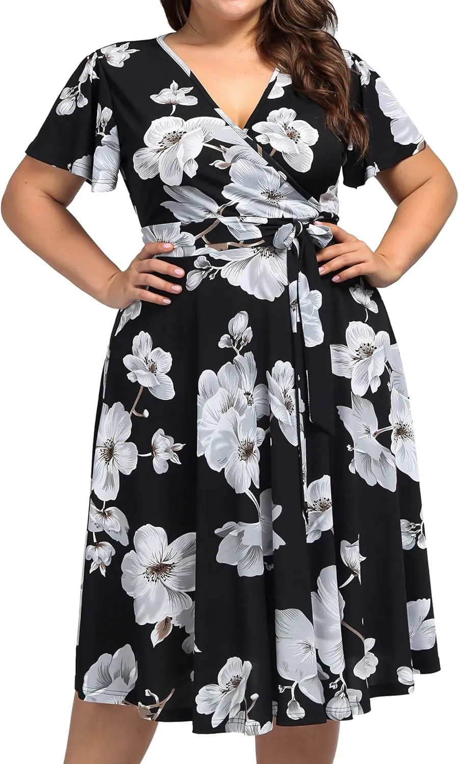 kissmay Plus Size Womens V Neck Floral Cocktail Party Midi Dresses with Pocket