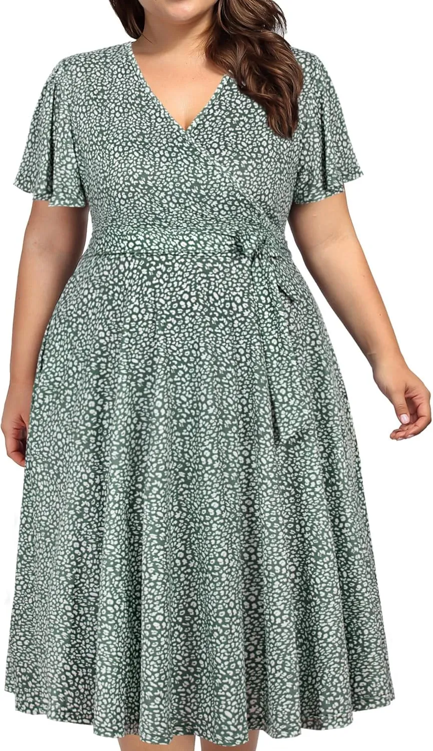 kissmay Plus Size Womens V Neck Floral Cocktail Party Midi Dresses with Pocket