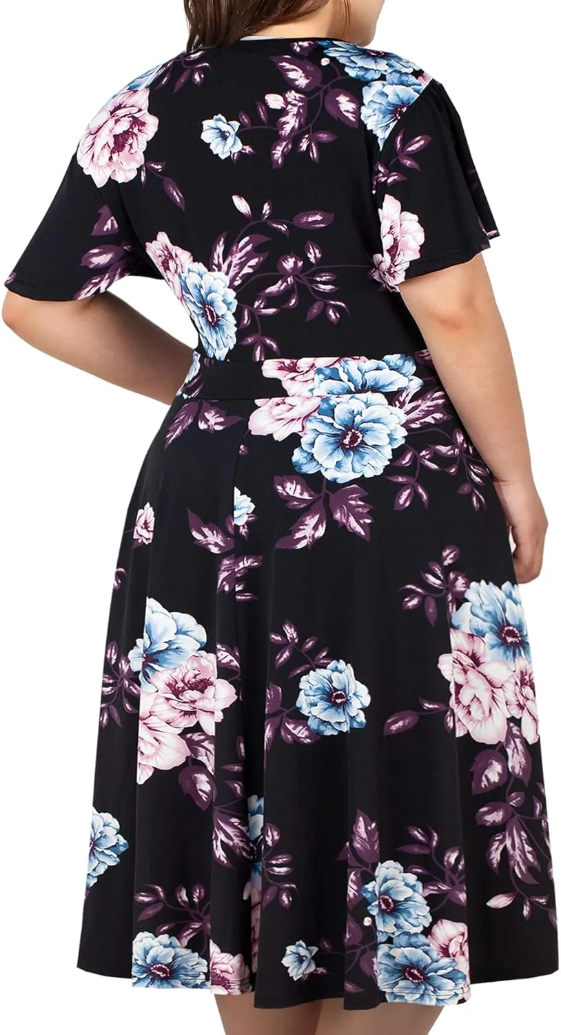 kissmay Plus Size Womens V Neck Floral Cocktail Party Midi Dresses with Pocket