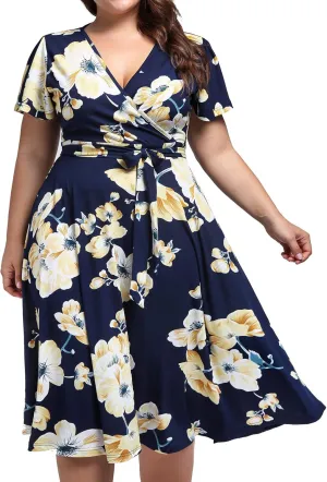 kissmay Plus Size Womens V Neck Floral Cocktail Party Midi Dresses with Pocket