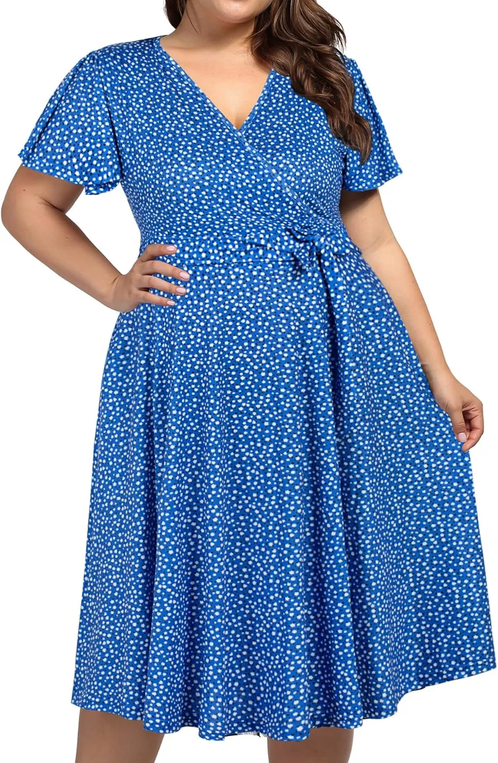 kissmay Plus Size Womens V Neck Floral Cocktail Party Midi Dresses with Pocket