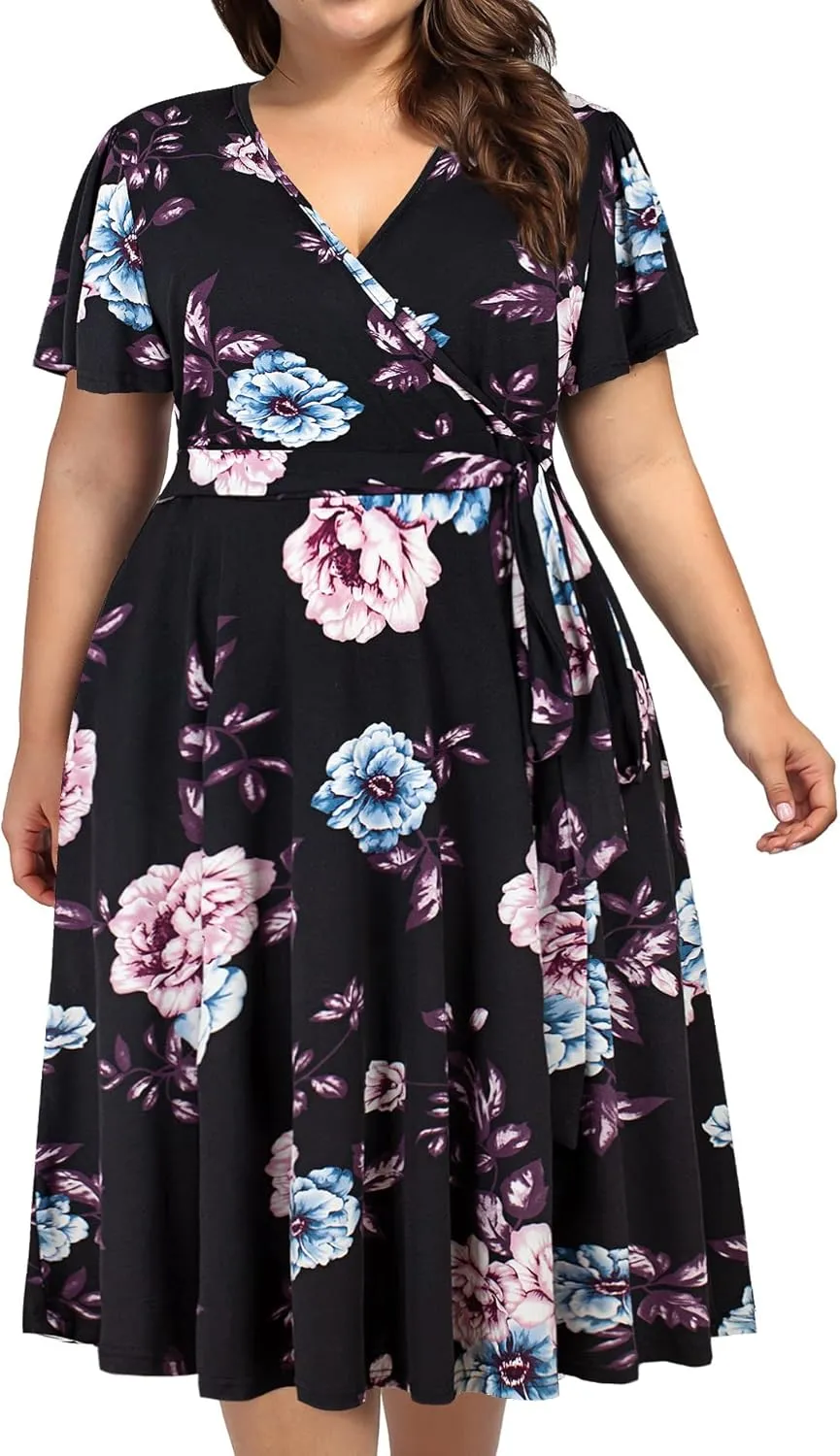 kissmay Plus Size Womens V Neck Floral Cocktail Party Midi Dresses with Pocket