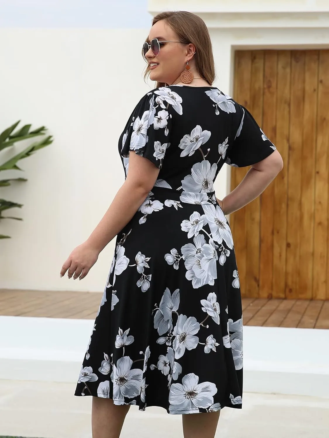 kissmay Plus Size Womens V Neck Floral Cocktail Party Midi Dresses with Pocket