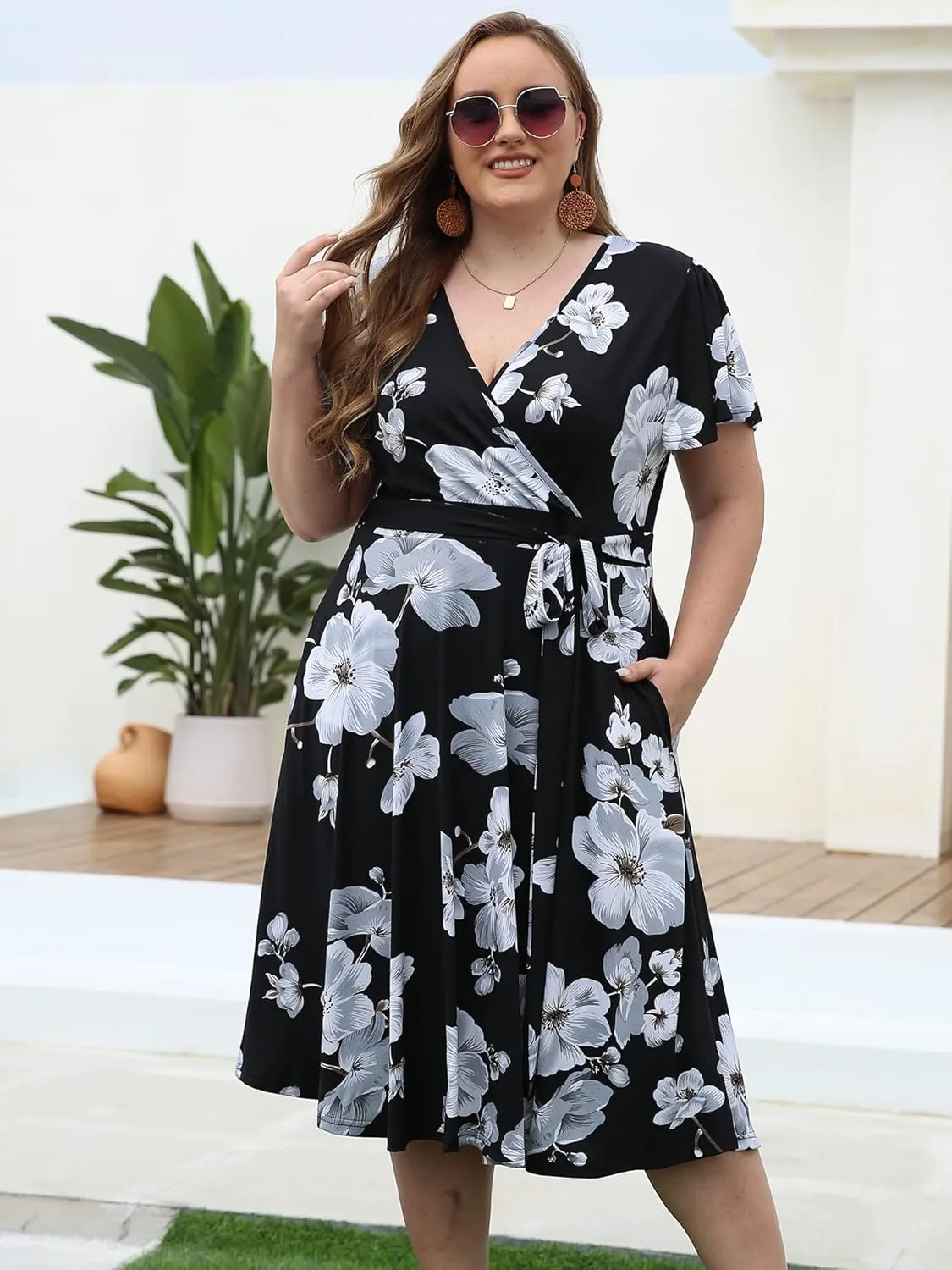kissmay Plus Size Womens V Neck Floral Cocktail Party Midi Dresses with Pocket