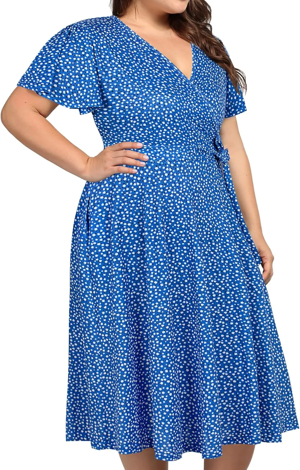 kissmay Plus Size Womens V Neck Floral Cocktail Party Midi Dresses with Pocket